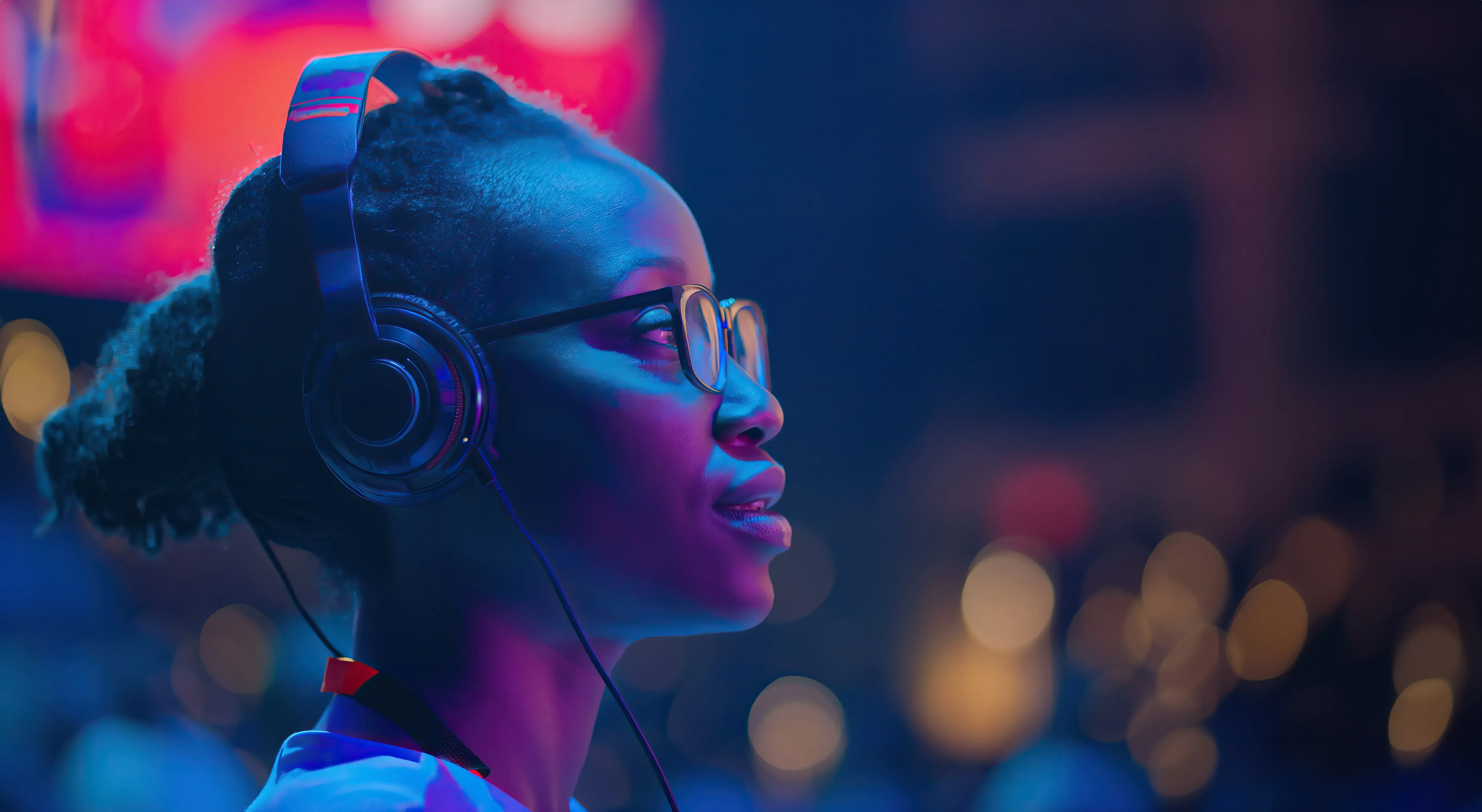 Person wearing a production headset under blue and magenta stage lighting.