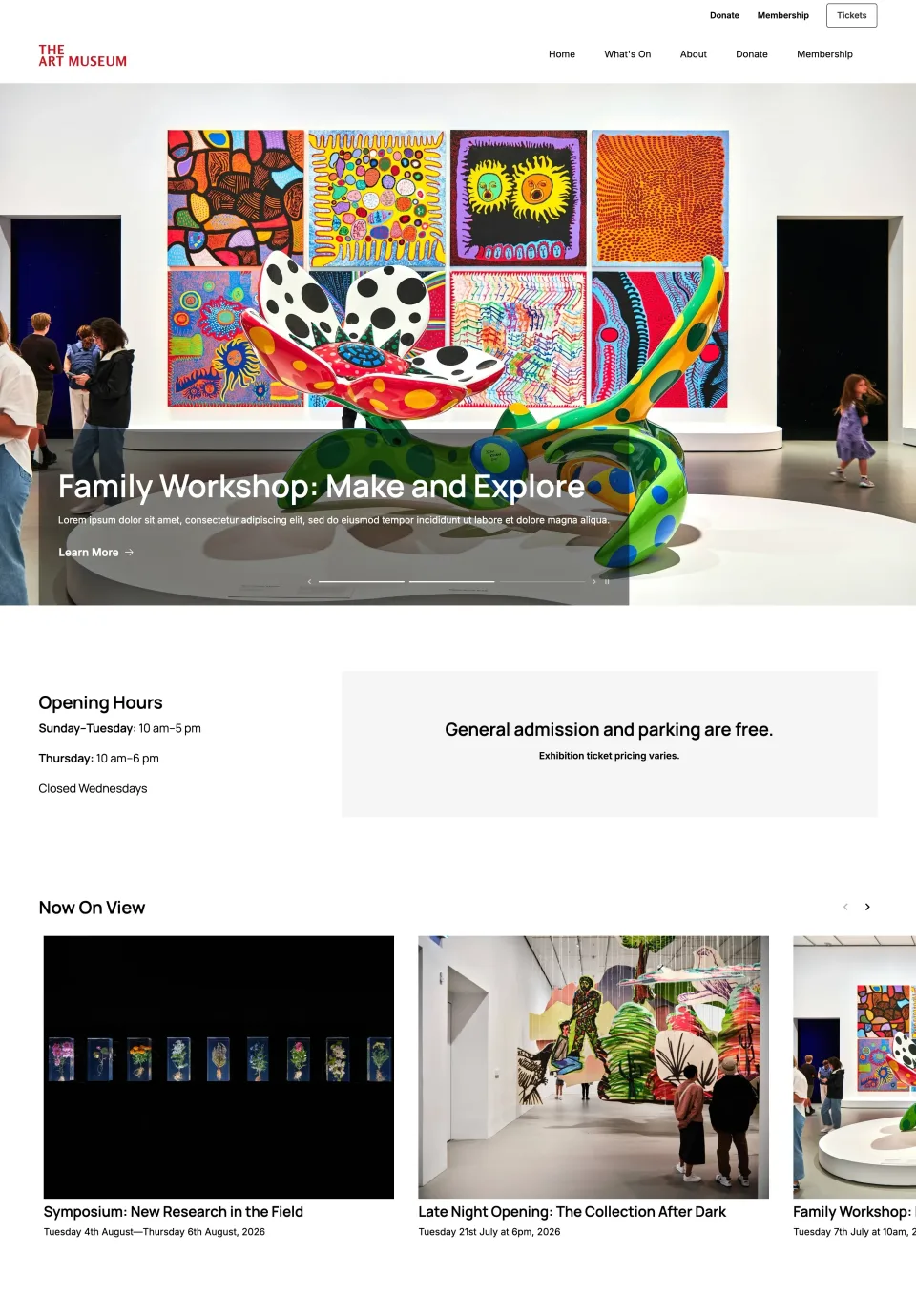 Art museum template homepage with colourful gallery artwork, opening hours, and exhibition cards.