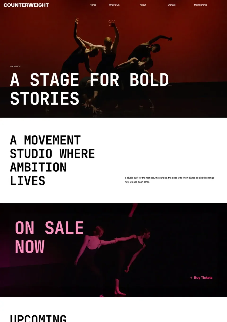 Counterweight dance company template homepage with red stage imagery, dancer silhouettes, and an on-sale banner.