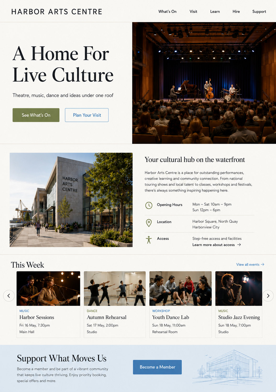 Multi-arts centre website template screenshot